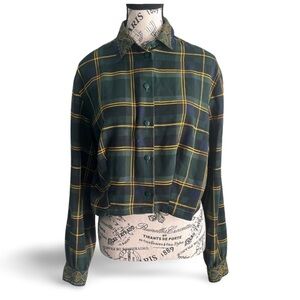 90s Vintage Green Yellow Plaid Blouse Medium Cropped Boxy Fit Paisley Collar